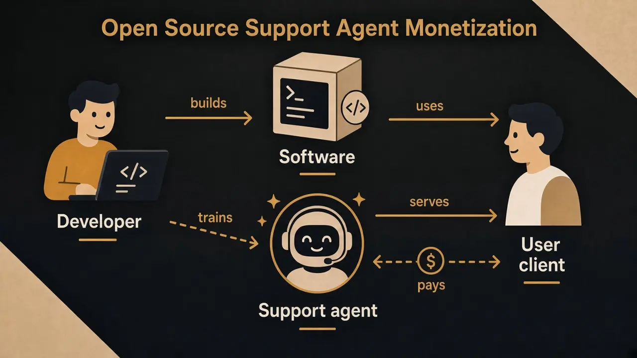 Diagram: developer builds software and trains a support agent; the client uses the software, pays for support, and is served by the agent