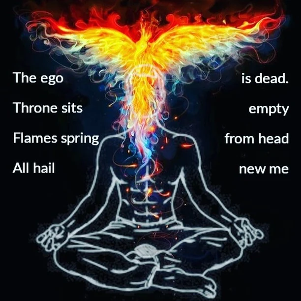 The ego is dead — throne sits empty, flames spring from head