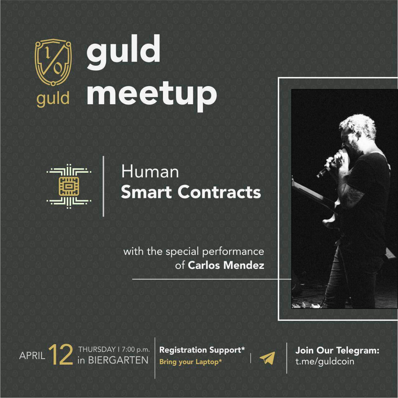 Come tonight to @[100080310785261:2048:Guld] meetup to learn about Human Smart Contracts, and then listen to live music by Carlos Mendez!

Here is my presentation from last week: Guld Ledger

https://zimmi.slides.com/isysd/guld-ledger

If you want to see this week's presentation, you'll have to come to Biergarten at 7PM or wait another week for me to share!