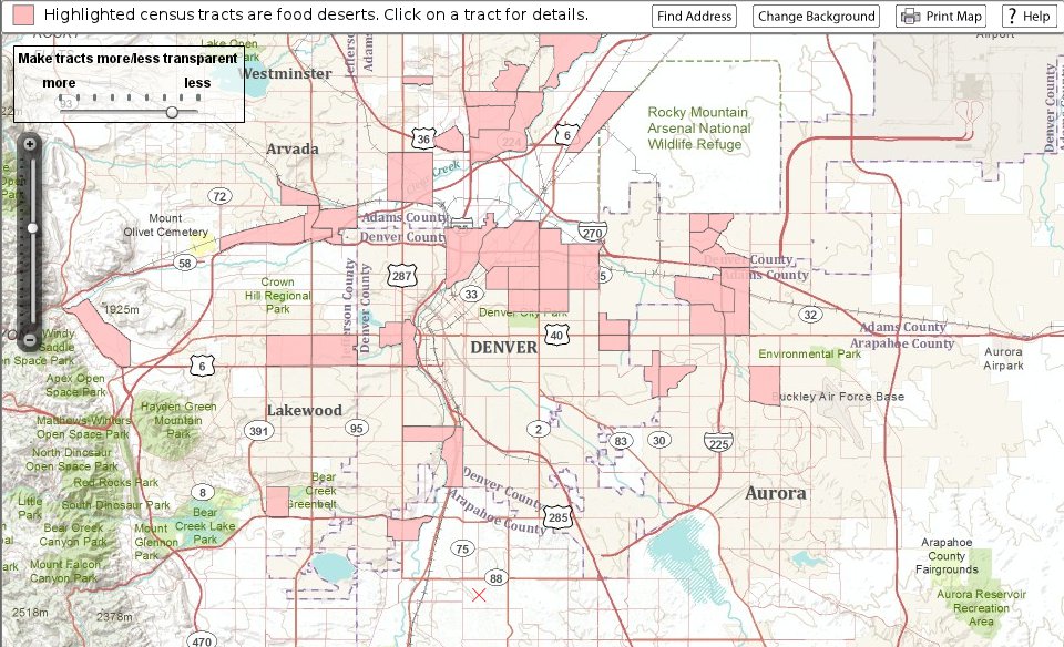 Denver's food deserts mapped.

From http://www.ers.usda.gov/data/fooddesert/fooddesert.html