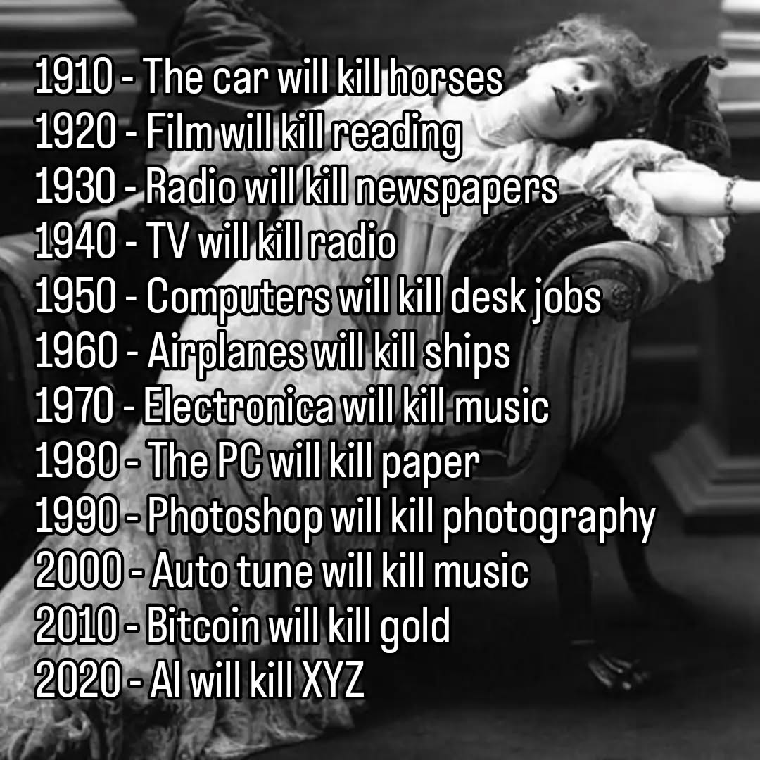 Despite the moral panic, everything still exists and has a healthy place in the world. In fact, many of these things are actually more used than ever, in absolute terms. Nothing dies, it just finds a new equilibrium in the growing world.

People still:

Ride horses
Read books
Read newspapers
Listen to the radio
Work desk jobs
Go on cruises
Make all sorts of music, including orchestral
Use paper
Take photographs
Paint
Use gold

And AI will not be driving anything or anyone to extinction. Somehow, the apocalypse never comes.

#ai #luddite #fearmongering #progress #apocalypse