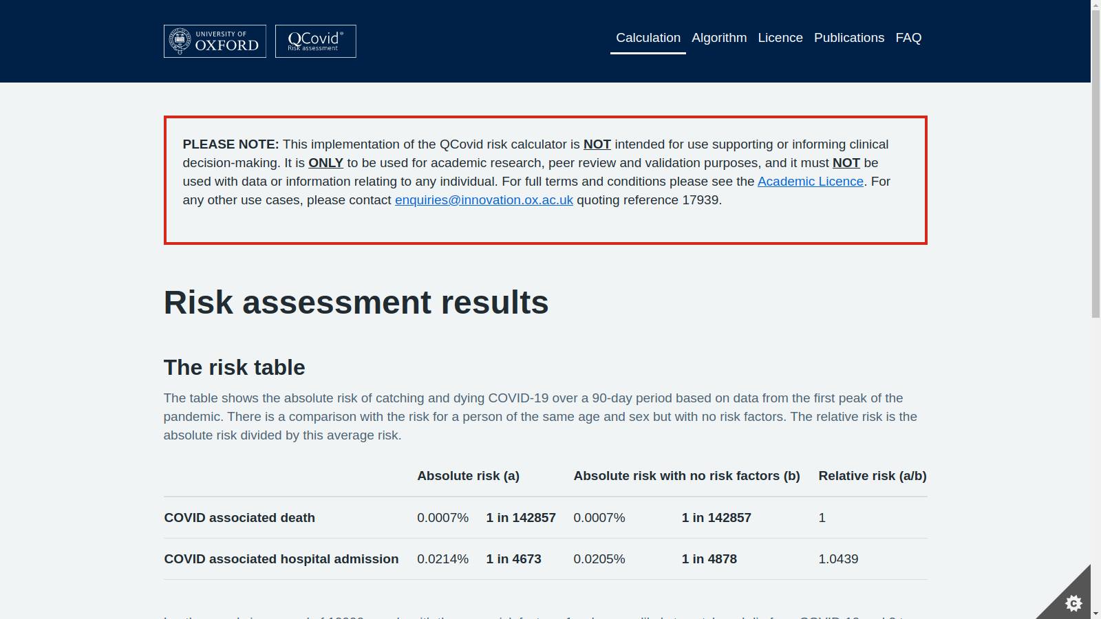 Just used @[100064939711995:2048:University of Oxford] #COVID risk calculator.

My risk of COVID associated hospitalization: 0.0214%
My risk of COVID associated death: 0.0007%

This is what we're losing our #Freedom for? This is why the economy is shut down, and tens of millions of people are out of work? Have some perspective, people. Don't be afraid.

Check your personal risk here:

https://qcovid.org/Calculation