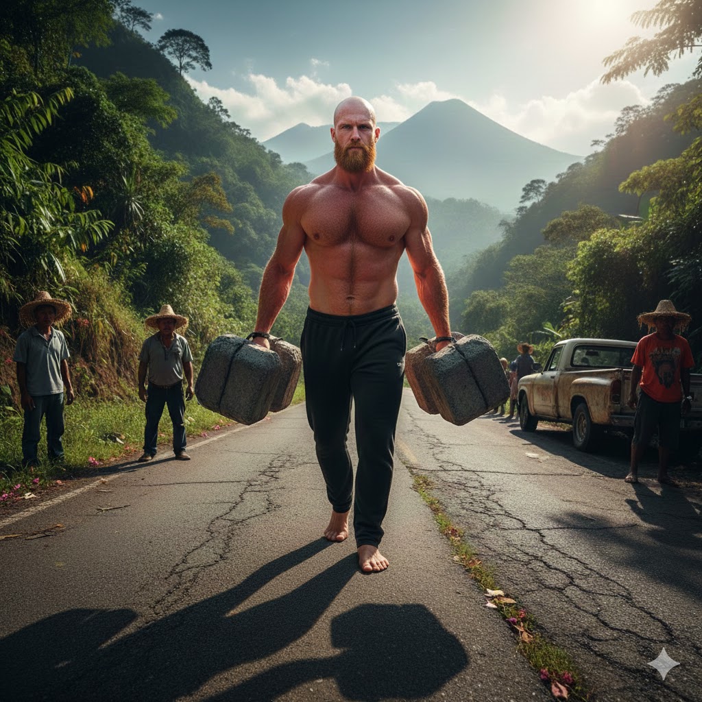 Only slightly exaggerated image inspired by my daily workout. Carrying dumbbells up the mountain barefoot and shirtless to ground and sun. I do lunges, goblet and farmer carries and overhead extensions. #workouts #grounding #sunbathing #farmerscarry #holistichealth #testosterone