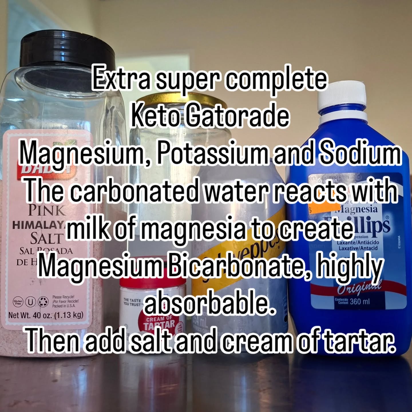 Pretty sure I invented this. Based on two separate recipes and adapted for zero carb.

Mix 1 tsp milk of magnesia with at least 1 can (~1/3l) carbonated water aka club soda. Even better if you can find a bottle and mix without pouring the soda water. You want to preserve as much carbonation as possible. Cap the bottle and shake.

Wait until the milky cloud disappears (15-30mins). This signals the chemical reactions are done.

Then add 1/2 tsp cream of tartar and 1/4 tsp sea or other natural salt. More salt if you're athletic or low carb. Dilute to taste.

Sip slowly. At least 2h before or after eating, because it is very alkaline.

Nutrition:

165mg Magnesium 40% RDA
495mg Potassium 15% RDA
575mg Sodium 25% RDA

#keto #fasting #carnivore #nutrition #electrolytes