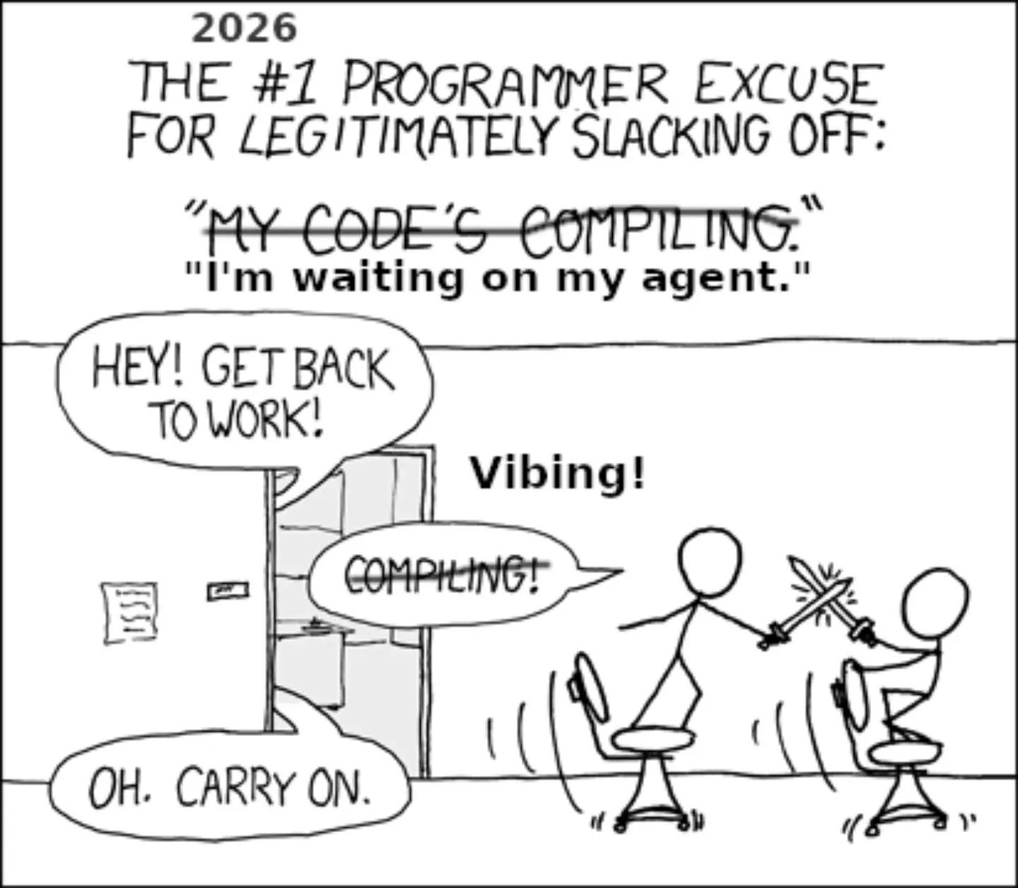 Updating a classic comic for 2026. Literally made this while waiting for my AI agent to complete tasks. Original by @xkcd 

#comic #programmerhumor #ai #vibecoding #officehumor